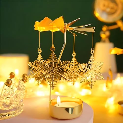 Self Rotary Candle Holder, Metal Spinning Tea Light Holders Automatic Rotating, Romantic Aroma Tea Candle Round Holder, Unicorn, Snowflower, Kids, Leather Candle Holder (Snowflower) - color: Snowflower