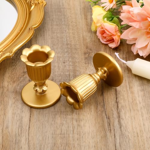 2 Packs Gold Candlestick Candle Holders for Taper, Vintage Candlestick Candle Holders Brass, Victorian Style Brass Color Candle Stick for Table Centerpiece, Wedding, Christmas Decoration