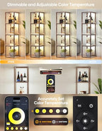 PARTPHONER Floor Lamp Glass Display Shelf with Remote/APP Control, Dimmable LED Floor Lamp with Shelves, Open Display Cabinet, Color Temp Control (2700K-6000K), Oak Gray - color: Gray