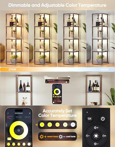 PARTPHONER Floor Lamp Glass Display Shelf with Remote/APP Control, Dimmable LED Floor Lamp with Shelves, Open Display Cabinet, Color Temp Control (2700K-6000K), Oak Gray - color: Gray