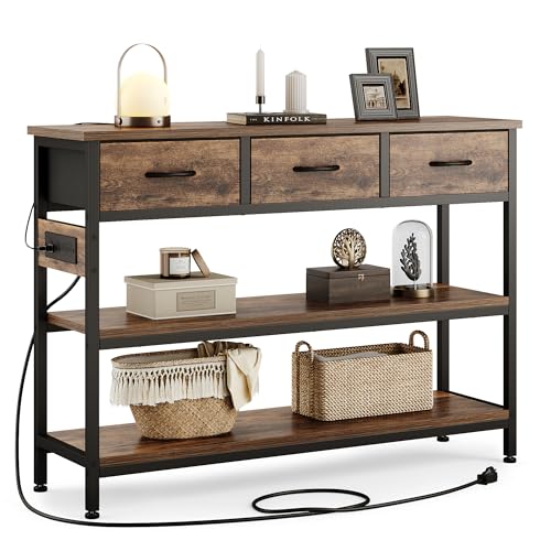 Lulive Entryway Table with Power Outlets, Console Table with 3 Fabric Drawers, Sofa Table for Living Room, Hallway, Couch, Foyer, Height Adjustable (Rustic Brown, 43") - color: Rustic Brown, size: 1-Pack 43 inches
