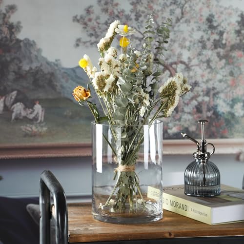 6" Wide 8" High Large Hand Blown Sturdy Clear Cylinder Glass Vase, Centerpiece Flower Vase for Rose, Tulip, Boquets, Hurricane Candle Holder (1, 6"x8") - size: 6"x8"