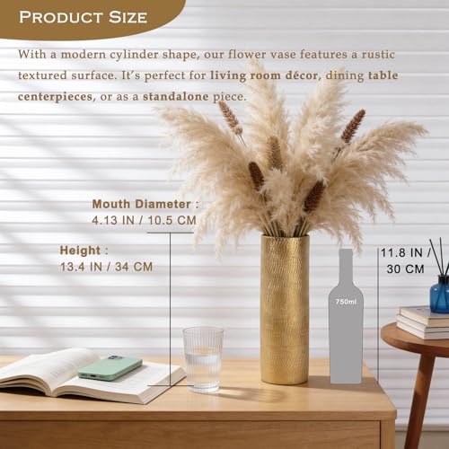 Gold Cylinder Ceramic Vintage Vase - 13.4" Tall Decorative Texture Modern Vase for Home Decor, Rustic Farmhouse Boho Vases for Living Room, Dining Room - style: Gold Texture Cylinder