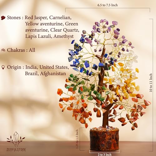 7 Chakra tree of life Crystal Healing Money Tree for Home Living Decor, Office Desk Decor | Handmade Feng Shui Bonsai for Positive Energy, Wealth & Good Luck | Birthday Gifts for Men, Women, Mom - color: 7 Chakra Tree Wooden Base 300 Beads