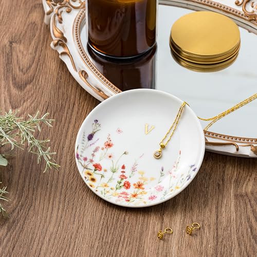 Crisky Initial Jewelry Tray Ring Dish & Gift Box, Ceramic Flower Trinket Dish for Rings Earrings Necklaces Keys, Bridal Shower Engagement Birthday Gift for Women, Friends 4.57" (Gold Foil V - style: Initial V