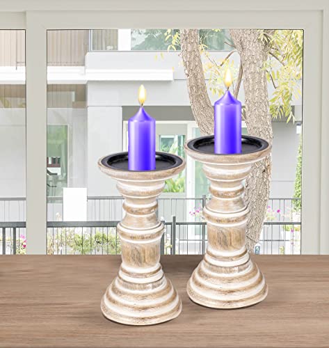 Rustic Farmhouse White Wash Wooden Candle Holders (Set of 2) - 7.5" Tall Pillar Stands, Vintage Shabby Chic Decor, Antique Finish, Handmade Decorative Table Centerpieces - White Wash - color: White Wash, size: 7.5 Inch