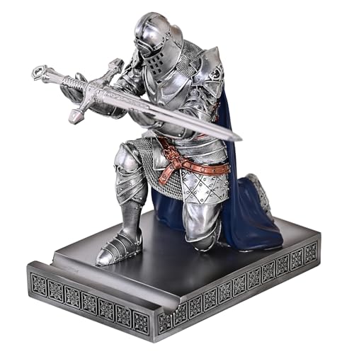 King's Guard Leader Cloak Warrior Knight Pen Holder Mobile Phone Stand, Ornament Knight Statue, Pen Stand Paperweight for Office and Home (SilverBlue) - color: Silverblue