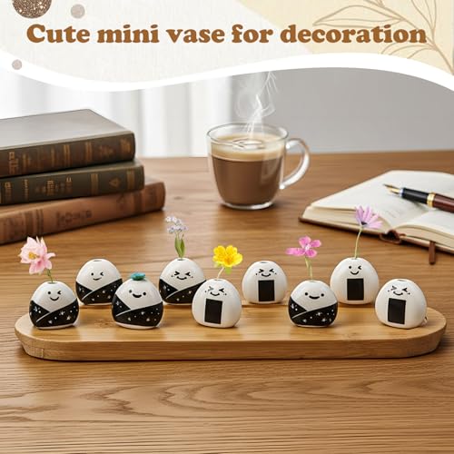 12 Pcs Cute Handmade Mini Flower Vase, Ceramic Rice Ball Japanese Onigiri Miniature Vases for Home Room Table Decoration Japanese Craft Gift