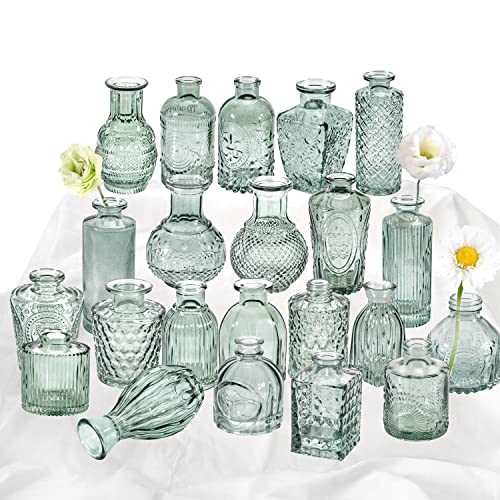 Green Glass Bud Vase Set of 22, Small Vases for Flowers, Clear Glass Vases for Centerpieces, Mini Bud Vases in Bulk Rustic Wedding Decorations, Centerpieces, Vintage Look Home Table Flower Decor - color: Green