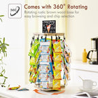 Pinzoveco Chip Rack Display Stand, 5 Tiers 40 Clips Snack Organizer for Office Desk, 360° Rotating Wooden Base Chip Holder Candy Display for Concession Stand, Countertop, Party, With Message Board - color: Rustic Brown