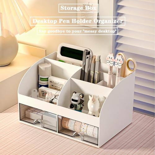 COMFYROOM Desk Organizer with 6 Compartments and 2 Drawers, Plastic Makeup Organizer, Pen Holder for Desktop Storage, Desk Organization for School, Home, Office Supplies (White) - color: White