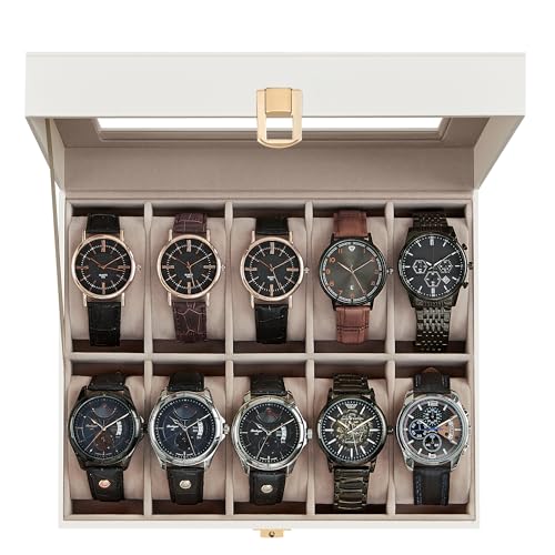 SONGMICS Watch Box, 10-Slot Watch Case Organizer with Large Glass Lid, Removable Pillows, Gift for Loved Ones, Cloud White Synthetic Leather, Cappuccino Beige Lining UJWB010W01 - color: Cloud White + Cappuccino Beige, size: 10 Slot