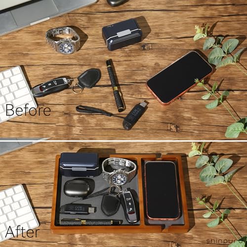 Shinpuru Wooden Valet Tray for Men, Nightstand Organizer with Leather Inlay, EDC Essentials Catchall Tray for Keys, Phone, Wallet, Watch, Earbuds - Bedside Desk Entryway Tray (Wood-Phone) - color: Brown-Ph