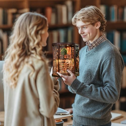 Book Nook Kit - Wisdom Rings Book Archive - Wooden Bookend and 3D Puzzle with LED Light, DIY Set for Adults, Bookshelf Decoration Diorama Kit, for Birthdays