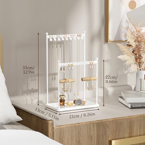 3 Tier white Jewelry Stand, Necklace Organizer, Earring Holder with 44 Holes and 9 Hooks, for Necklaces, Bracelets, Rings - color: White