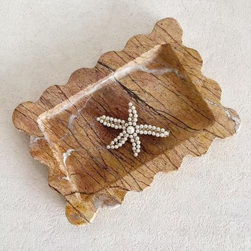 Natural Samll Marble Tray 6.3"x4.7",Rectangle Scalloped Tray for Women Home Décor (Rainforest Brown) - color: Rainforest Brown