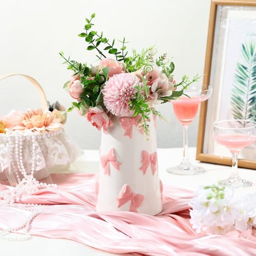 Chunful Embossed Pink Bow Ceramic Vase for Home Decor 7.1 Inch Cute Coquette Gifts for Women Girls Mother's Day Modern Decorative Bouquet Flower White Vases for Living Room Table - style: Pink Bow