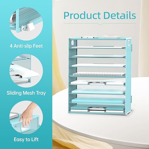 DALTACK 9-Tier Paper Organizer for Desk, Mesh Letter Tray Desk Organizer with Handles, Space-Saving File Organizer for Office Home School, Blue - color: Desk Organizer Blue