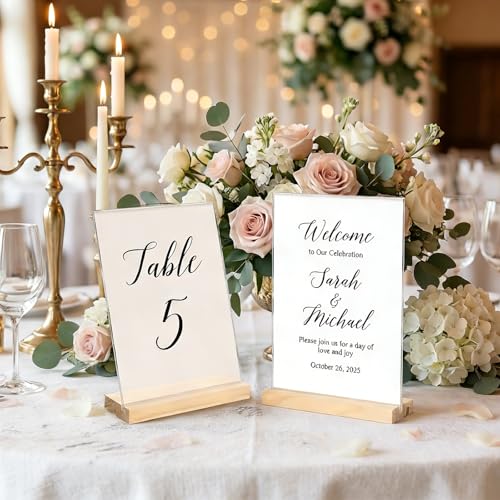 xydstay 6pack 8.5x11 Acrylic Sign Holder with Wood Base for Picture Frames,L/T Shape Double Slot Design for Vertical or Slant Back Display, for Restaurant, Office, School, Store and Home Use - size: 6 pack