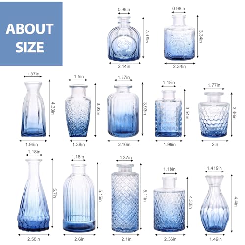 12 Pack Blue Glass Bud Vase Set, Small Vintage Vases for Centerpieces, Decorative Flower Vases for Wedding Home Table Decor - color: Blue, size: 12pcs