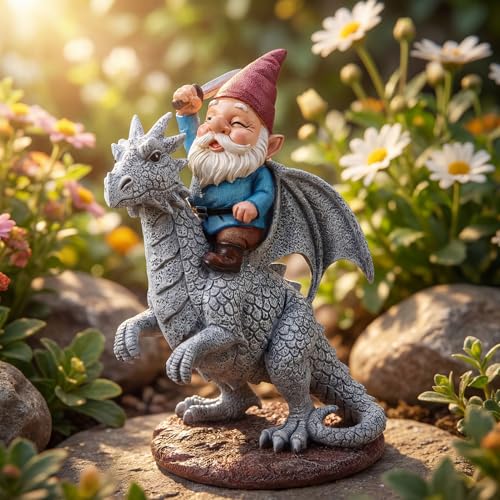 EXYGLO Gnome Garden Statue Decor, 9.7" Gnome Riding Dragon Outdoor Funny Decoration for Lawn, Patio, Yard, and Unique Housewarming, Birthday Ornament Gift for Boys, Friend, Family