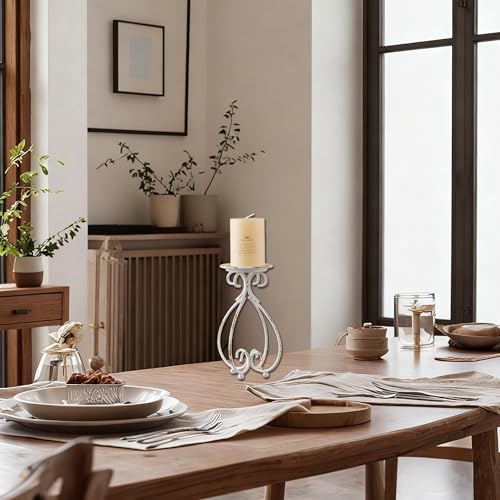 SOFE Vintage Metal Candle Holder, 6.5 Inches Tall White Candle Stand, Decorative Scrollwork Candle Pedestal with Distressed Finish, Indoor Classical Design for Pillar Candles