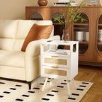 JOONEE Rattan Nightstand with Charging Station,Farmhouse Bedside Table with 2 Storage Drawer and Open Wood Shelf, for Bedroom and Small Spaces,Night Stand with Solid Wood Legs (White-Outlet) - color: White-outlet