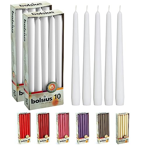 BOLSIUS 20 Count Unscented 10 Inch White Household Taper Candles - 8 Hours Burning Time - Premium European Quality - Smokeless Dripless Candlesticks - Perfect for Weddings, Parties, and Everyday Use - color: White, size: 20 Count