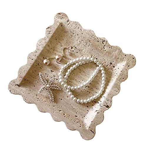 Vintage Natural Marble Tray Small Ornaments Scalloped Tray Handmade Storage Dish for Counter, Vanity, Dresser, Nightstand and Desk (Beige Travertine) - color: Beige Travertine