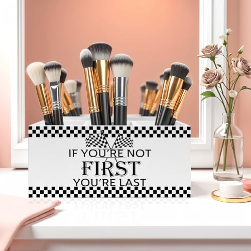 Racing Checkered Inspirational Pencil Pen Holder for Desk, If You're Not First You're Last Wooden Pencil Holder Organizer for Home Office Desk Accessories, Motivational Gifts for Men - color: Color-Desk accessories white 05
