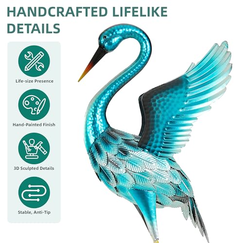 Extra-Large Blue Heron Decor, Handcrafted 47.5" Metal Crane Statue with Stable U-Ground Stakes, Backyard Decoration, Metal Garden Bird Animal Yard Art, Lawn Ornament Decor - color: 47.5" -Glossy Turquoise