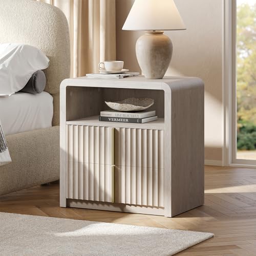 ModernMate Night Stand Set of 2, 23.6" Fluted Nightstand with 2 Drawers, Curve Profile Bedside Table with Solid Metal Handle, Thicken End Side Table for Bedroom, White Alder