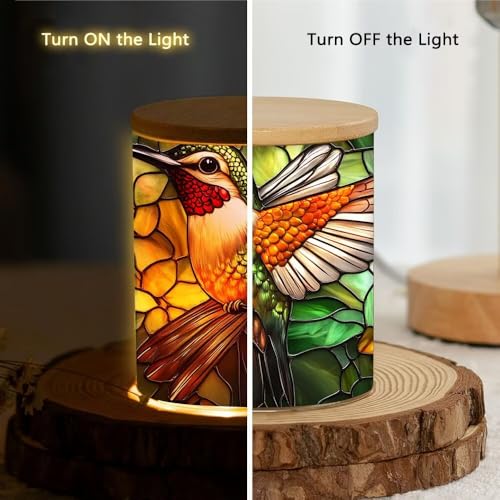 Stained Glass Hummingbird Tealight Candle Holders Memorial Candlesticks with Battery Operated, Colorful Glass Flower Full Wrap Tea Light Candle Jar LED Holder Votive jar for Memorials - color: Hummingbird
