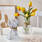 Irregular Shaped Vase for Flower, Unique Matte Glass Vase with Rope Crinkle Paper Design Hydroponic Art Flower Vase for Wedding, Dinning, Bookshelf, Home Decoration or Gift(Transparent)