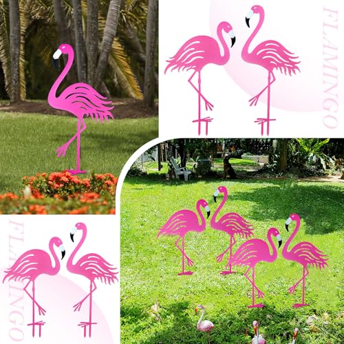 Riakrum 4 Pcs Flamingos Outdoor Yard Decor Pink Metal Flamingos for Yard Garden Large Bird Statue Ornaments for Lawn, Patio Outside Art Decor - style: Flamingo