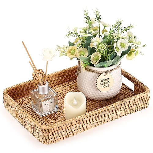 Hipiwe Rattan Serving Tray Hand Woven Tray with Handles Rattan Rectangular Basket Trays for Storage Breakfast Dessert Fruit Decorative Trays for Coffee Table, 11.8x7.9x1.8inch - color: Natural Color, size: 11.8" x 7.8" x 1.9"