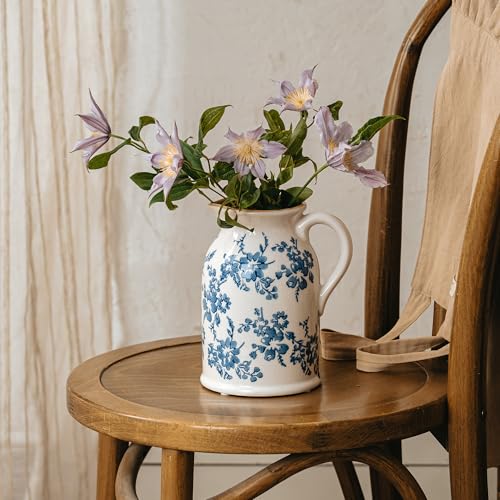 Blue and White Pitcher Vase, 8 Inch Vintage Chinoiserie Ceramic Flower Vase, Rustic Retro Ice Cracked Antique Porcelain Vases for Home Farmhouse Table Centerpieces Shelf Decor - color: Blue & White, size: Pitcher