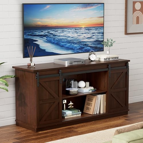 YESHOMY TV Stand for Televisions up to 65 Inches, with Sliding Barn Doors and Storage Cabinets, Console Table and Media Furniture for Living Room, 58 Inch, Espresso - color: Espresso, style: Sliding Barn Doors TV Stand