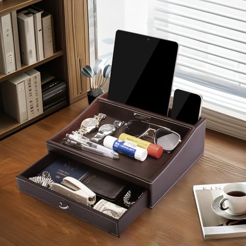 Baoyun Fathers Day Nightstand Organizer for Men, Mens Jewelry Box, Mens Dresser Organizer Countertop, Large Capacity Leather Valet Tray for Phones Pad Wallet Key Birthday Gifts for Men - color: Brown