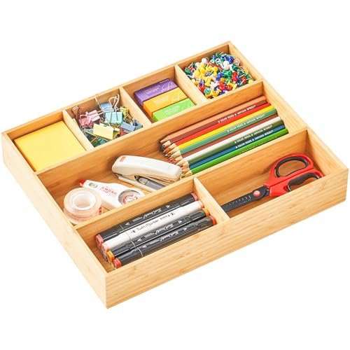 Umilife Large Bamboo Desk Drawer Organizer, Wood Junk Organizer Tray with Adjustable Dividers, Anti-Skip Storage Organization in Office Bathroom Drawer for Vanity, Makeup, 15" x 12" - size: 15"x12"