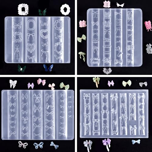 Laza 4pcs Silk Bowknot Silicone Nail Art Molds, Acrylic 3D Bowknot Nail Charms Molds Clear Modeling Templates Silicone Bow Pattern Nail Tools with Sculpture Pen for Salon Nail Design Resin Epoxy DIY - color: Silk Bowknot