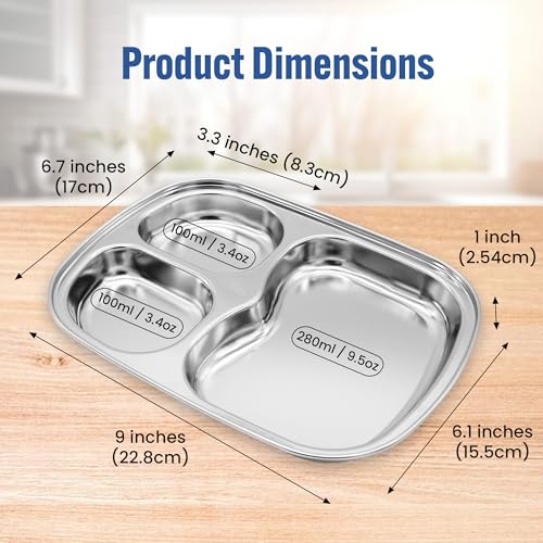 Korean Stainless Steel Divided Plates for Toddlers, Kids, Babies, Premium 304, Electro-Polished, No Black Residue, BPA-Free, 3-Compartment Plate, Food Tray for Camping, Balanced Meals, Set of 2 - size: 3 Compartments