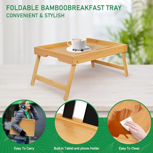 Artmeer Bed Tray Table with Folding Legs, Bamboo Breakfast Food Tray with Media Slot, Use As Platter, Laptop Desk, Snack, TV Tray Kitchen Serving Tray (Bamboo Extra-Large Size) - color: Bamboo, size: X-Large
