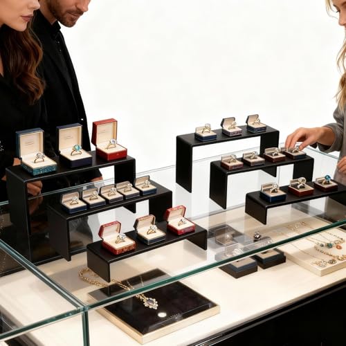 6 PCs Risers Display Stands 3 Tiers Desktop Acrylic Shelves Cake Dessert Holder Products Stand for Collectibles Shoes Jewels Pop Figure （Black） - color: Black