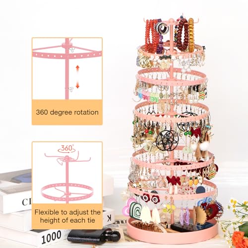 17Dec 6 Tier Rotating Jewelry Organizer Stand, 230 Holes Earring Holder Organizer for Women Girls, Spinning Earring Tree with Ring Holder, Wide Base for Bracelets Watches Lipstick - color: Metal,6-Tier,Pink