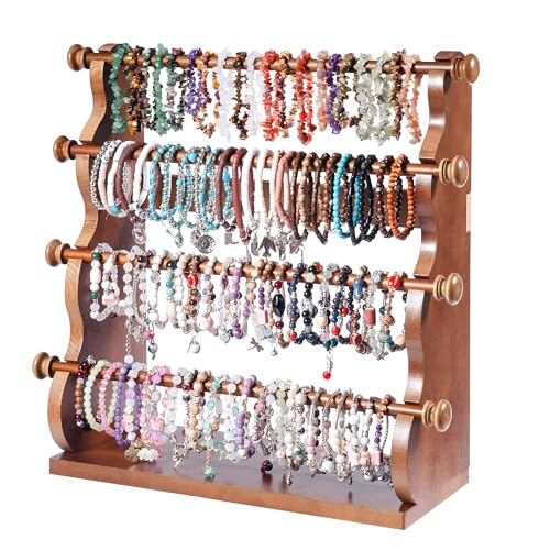 4 Tier Wooden Bracelet Holder, Bangle Watch Necklace Display Storage Antique Bracelet Display Jewelry Holder Stand Display Organizer, Brown 4 Tier Wooden Bracelet Holder - style: 4 Tier Sranding