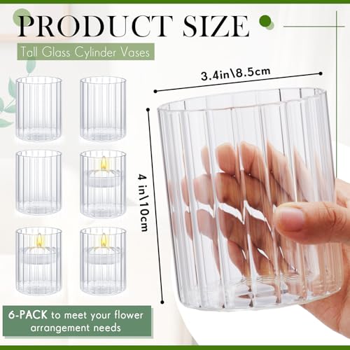 6 Pcs 4 Inch Tall Glass Ribbed Cylinder Vases Clear Floating Candle Flower Vase in Bulk, Hurricane Candle Holder for Wedding Housewarming Gift Table Centerpieces - color: Clear, size: 4 Inch