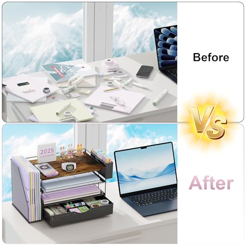 gianotter Wood Desk Organizers and Accessories with File Holder, 4-Tier Desk Accessories & Workspace Organizers with Drawer and Pen Holder, Desk Reference Organizer (Wood) - color: Wood