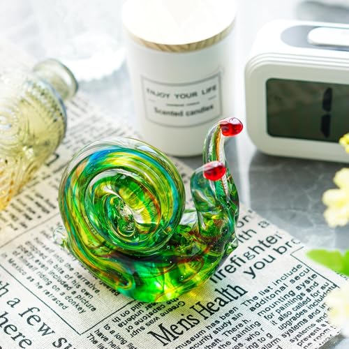 QFkris 4.4inch Blown Glass Snail Figurine Collectibles Handcrafted Glass Animal Paperweight Home Art Statue Decoration for Women