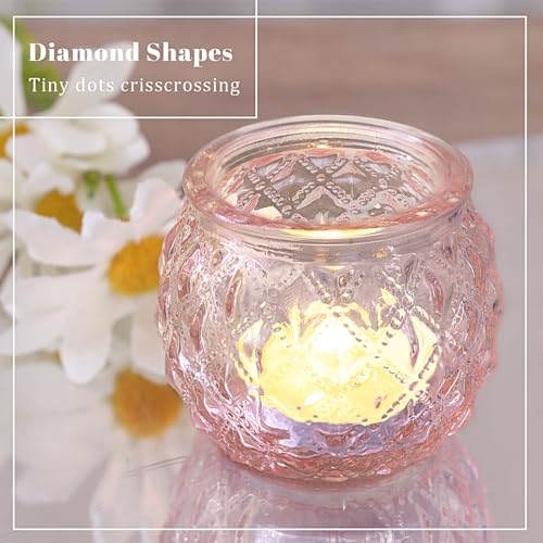 DARJEN 12Pcs Pink Votive Candle Holders - Round Glass Candle Holders for Flameless LED Tea Waxes, Romantic Candle Holder for Wedding & Home Table Decor, Various Parties - color: Pink, size: 12PCS